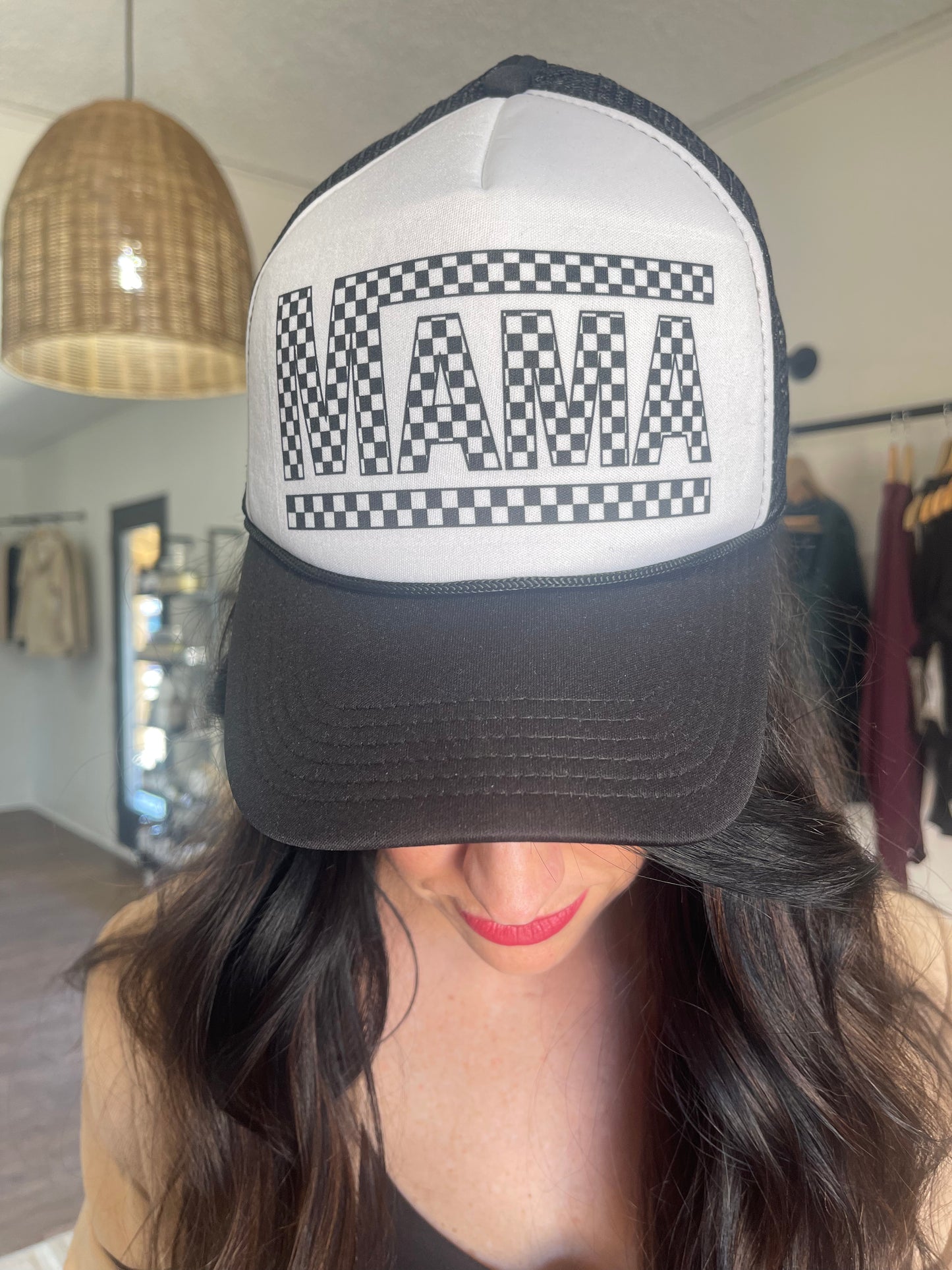 Mama Checkered Ponytail Trucker Hat