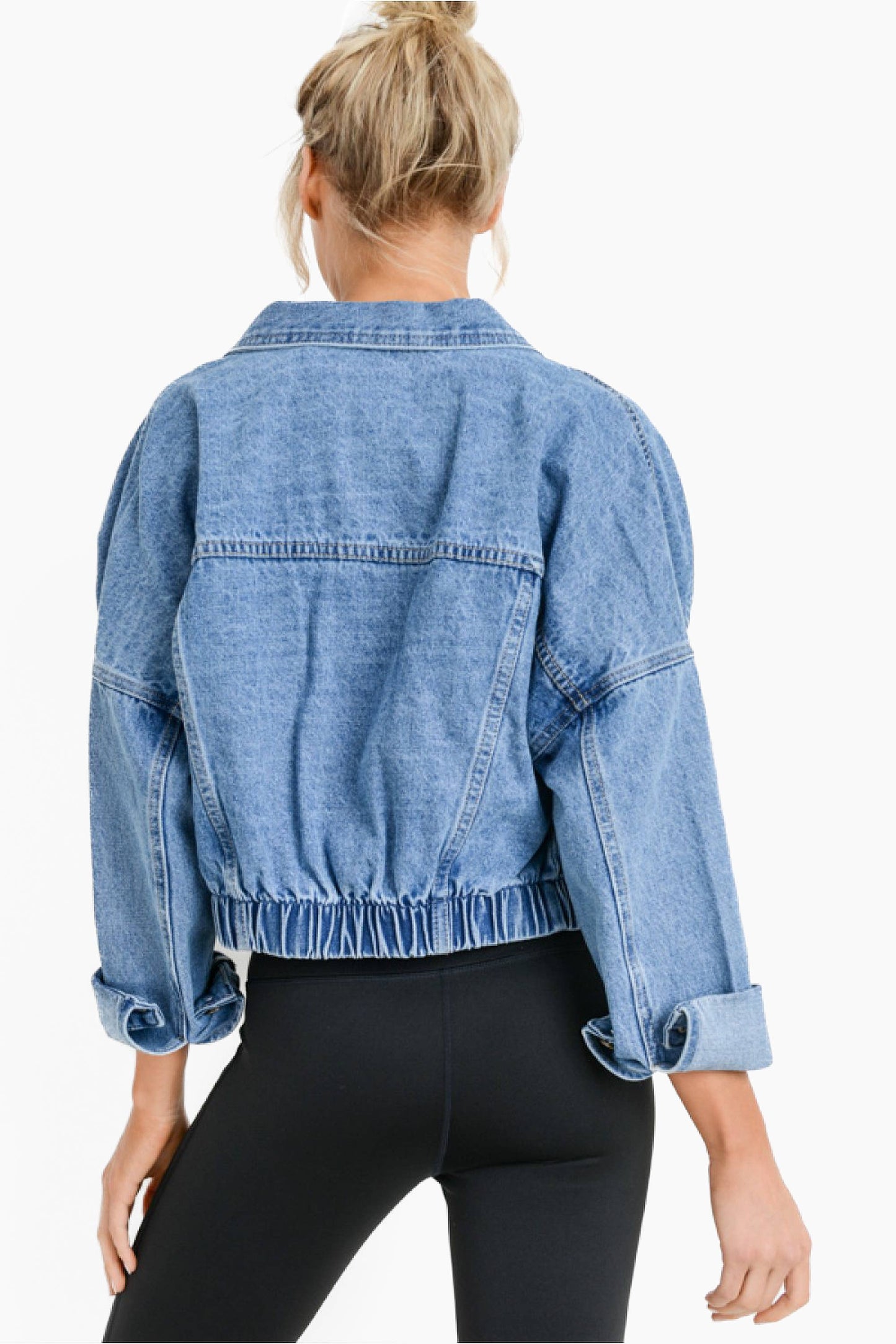 Raw & Ribbed Crop Denim Jacket: MEDIUM WASH