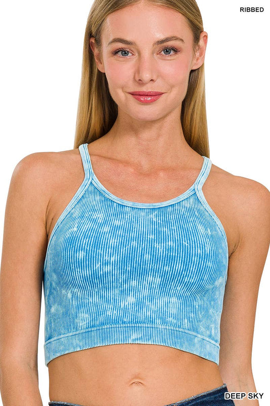 Premium Washed Seamless Halter Racerback Crop Tank: DEEPSKY