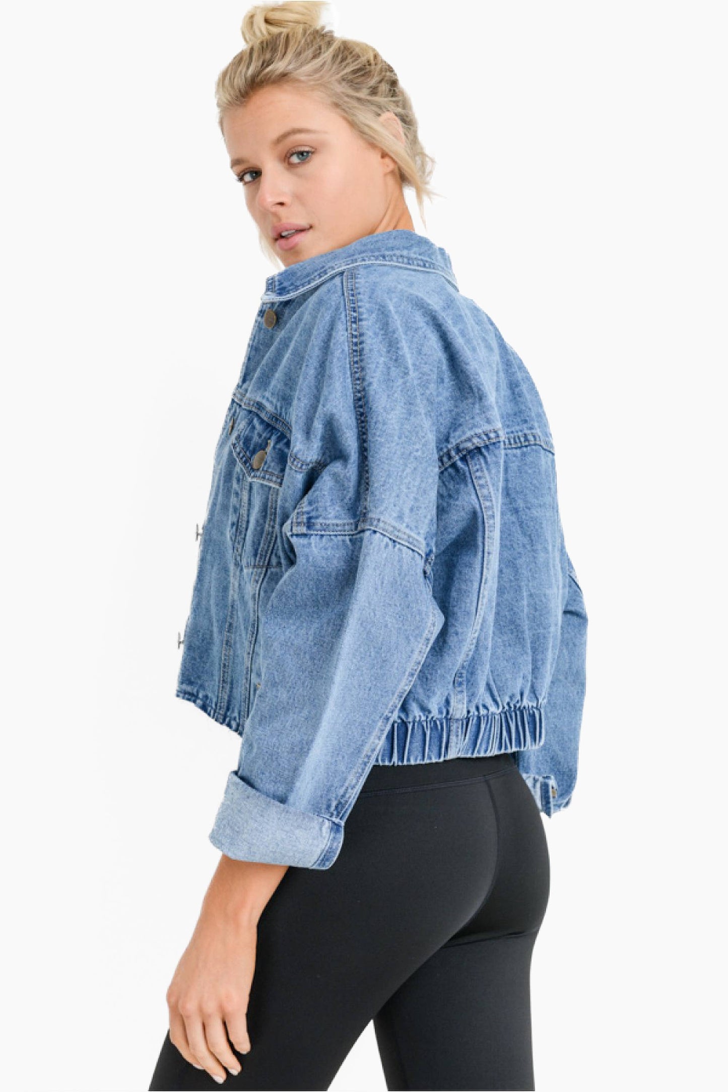 Raw & Ribbed Crop Denim Jacket: MEDIUM WASH