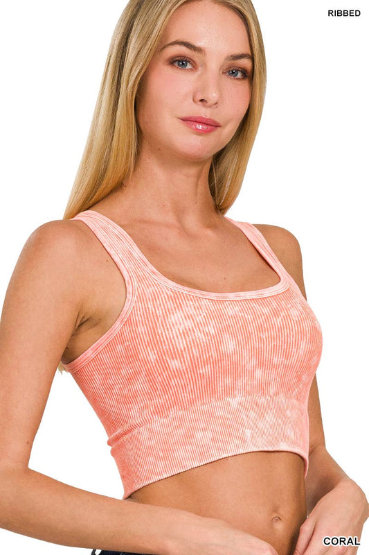 Washed Rib Square neck Crop Tank: Coral