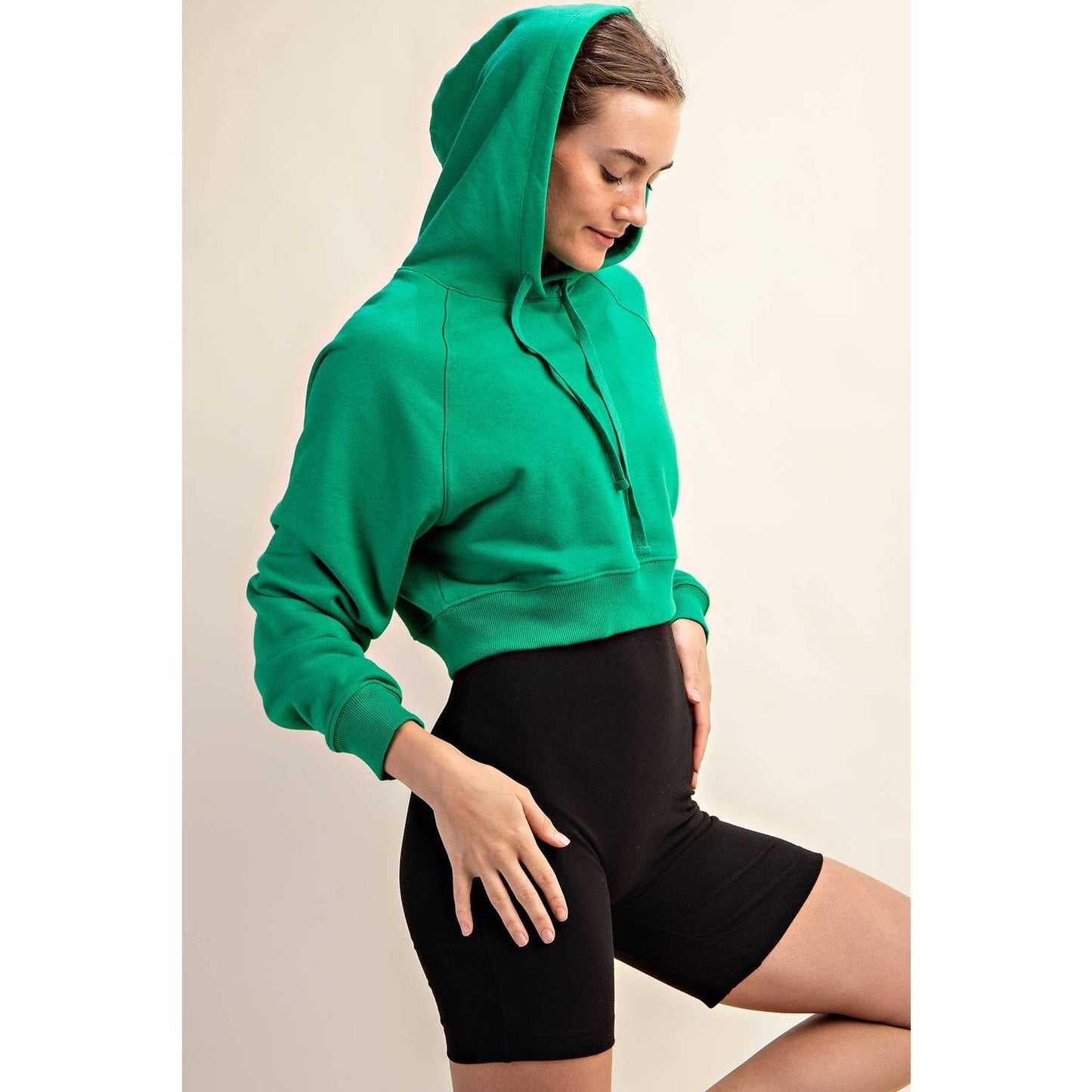 FRENCH TERRY LONG SLEEVE HOODIE CROP JACKET: Kelly Green