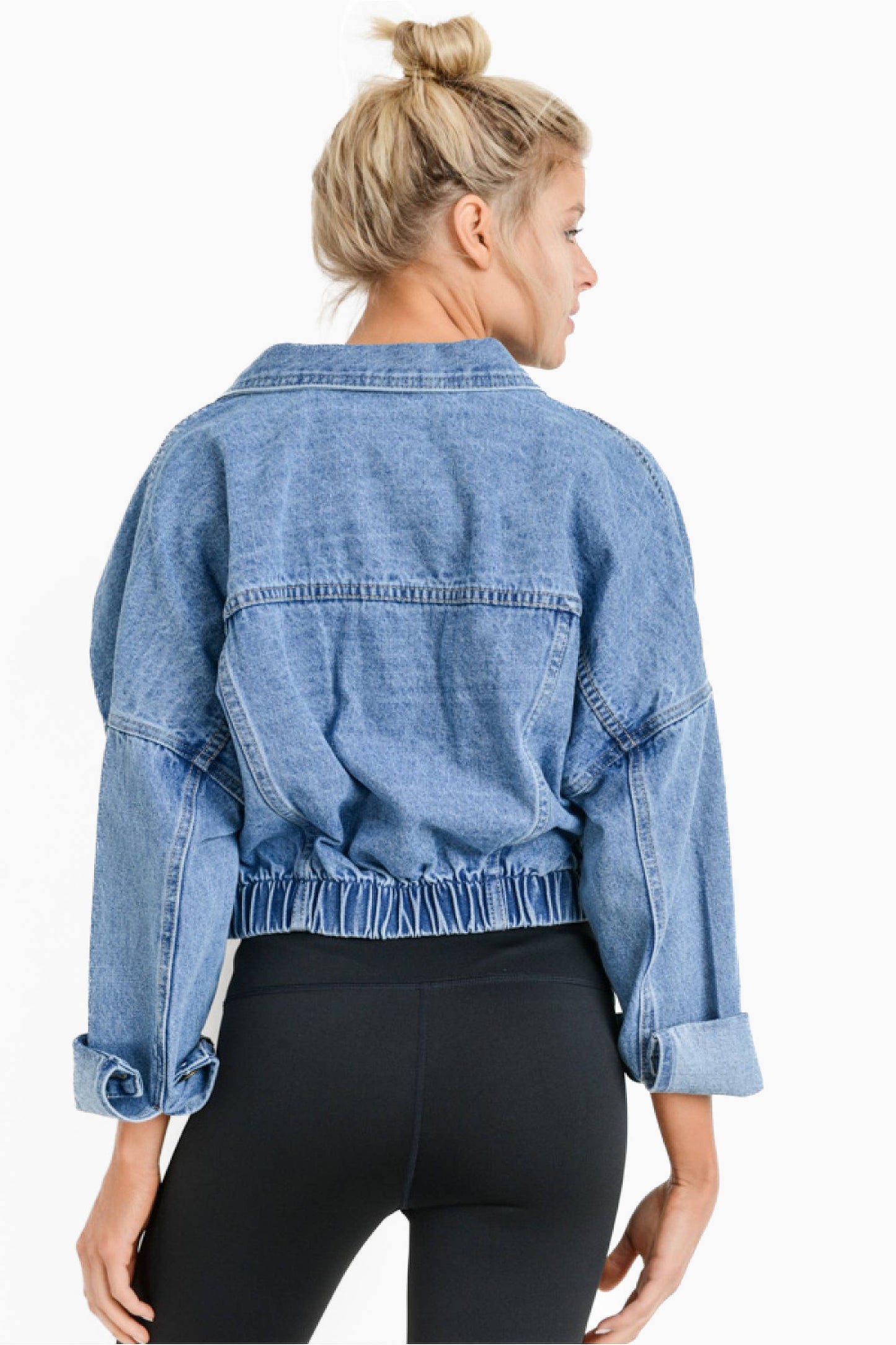 Raw & Ribbed Crop Denim Jacket: MEDIUM WASH