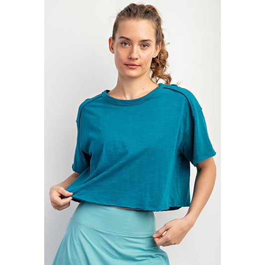 COTTON SLUB SHORT SLEEVE CROP TOP: Ocean Teal