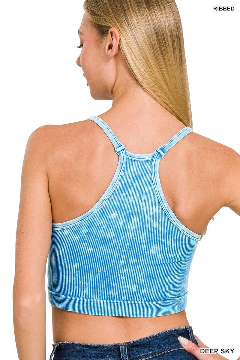 Premium Washed Seamless Halter Racerback Crop Tank: DEEPSKY