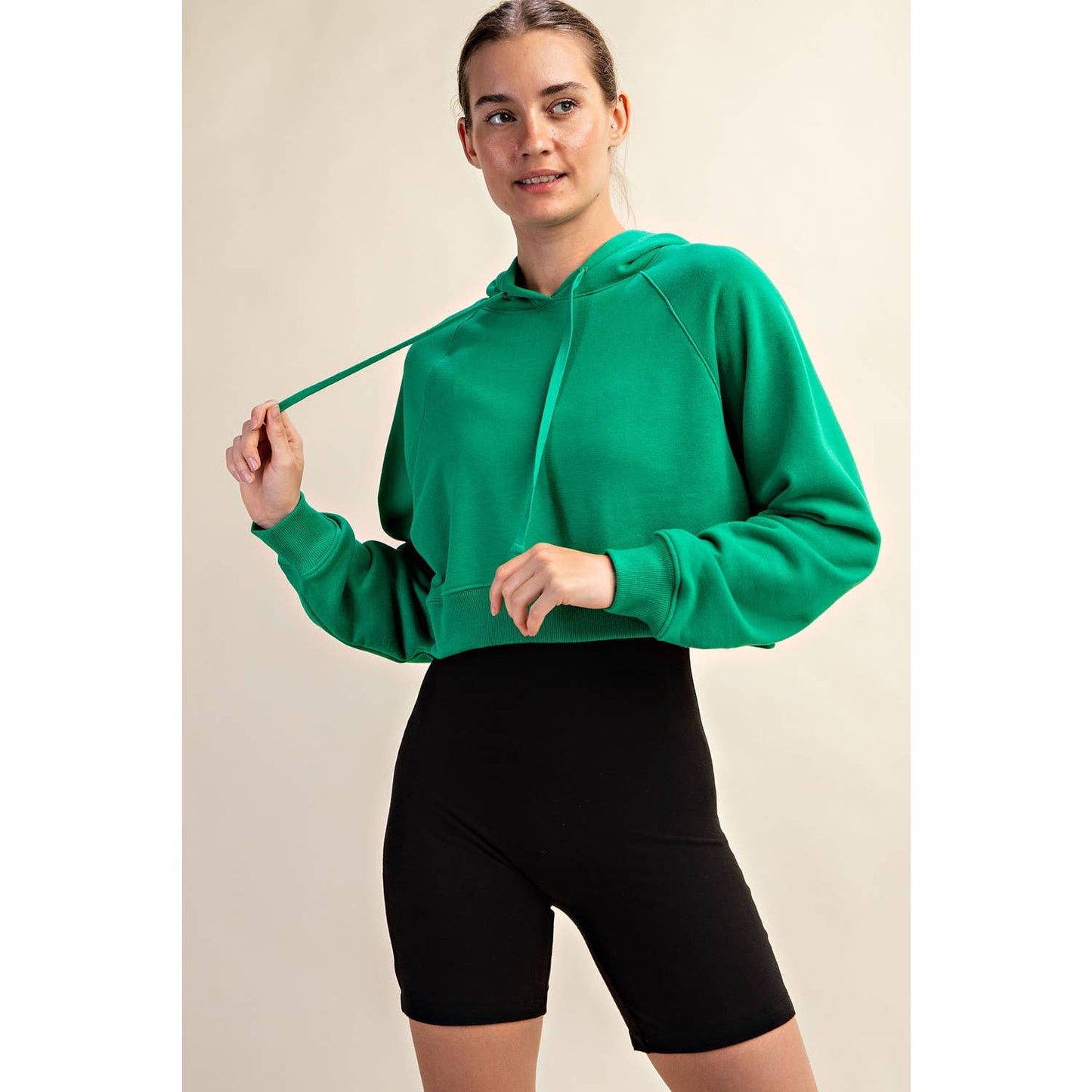 FRENCH TERRY LONG SLEEVE HOODIE CROP JACKET: Kelly Green